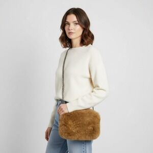 Peruvian Soul Alpaca Fur Clutch Crossbody Bag Tan Gold Chain‎ Soft handmade zip